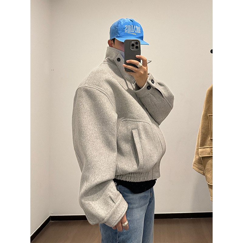 GWHEN 垫肩浅灰色 立领翻领羊毛呢短款夹克外套 男女