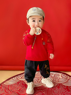 男宝宝一周岁宴中国风红色卫衣抓周衣服纯棉男童唐装 礼服秋天套装