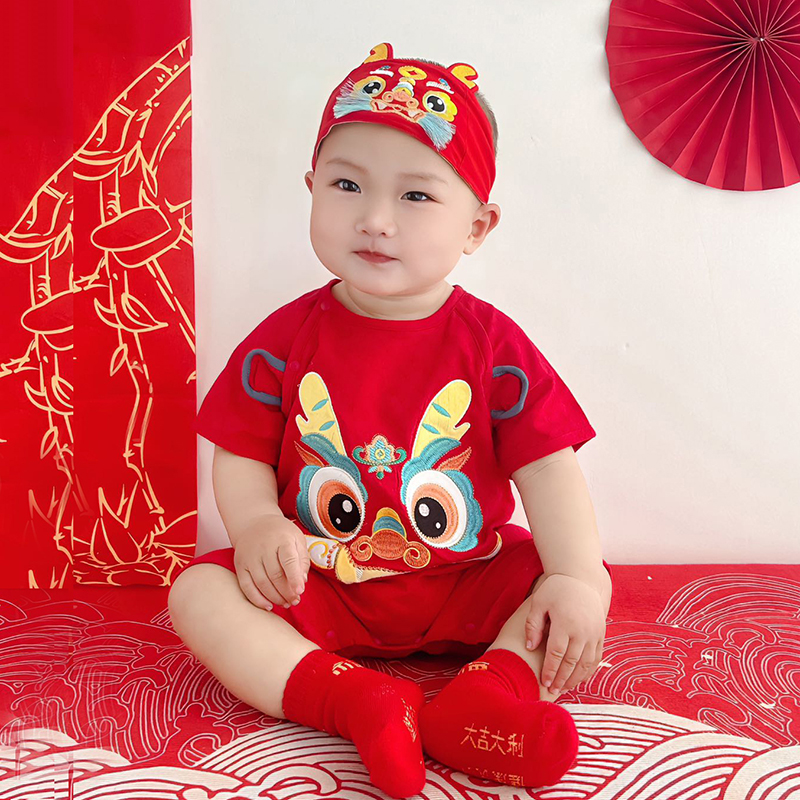 男宝宝一周岁抓周礼服夏季连体衣婴儿满月百天衣服百岁宴红色唐装