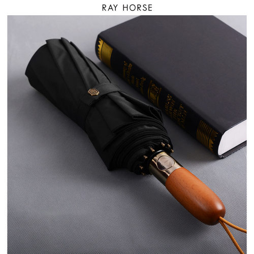RAY HORSE 10骨双层自动伞简约男士商务三折自动伞实木柄礼品雨伞