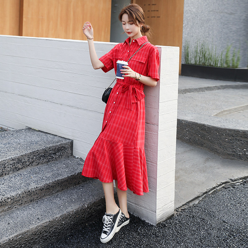 继续大货已出格子鱼尾连衣裙法式长裙087-Q80-P105-K158,女装连衣裙,柒柒家