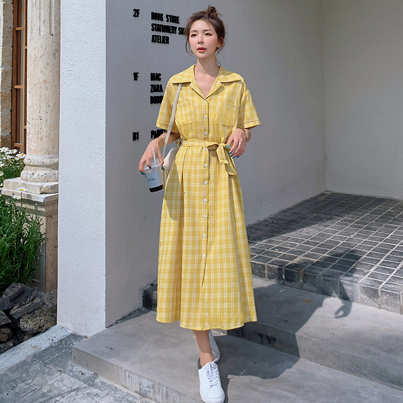 大货已出黄色格子长款到脚踝法式连衣裙长裙087-Q82-P105-K158,女装连衣裙,柒柒家