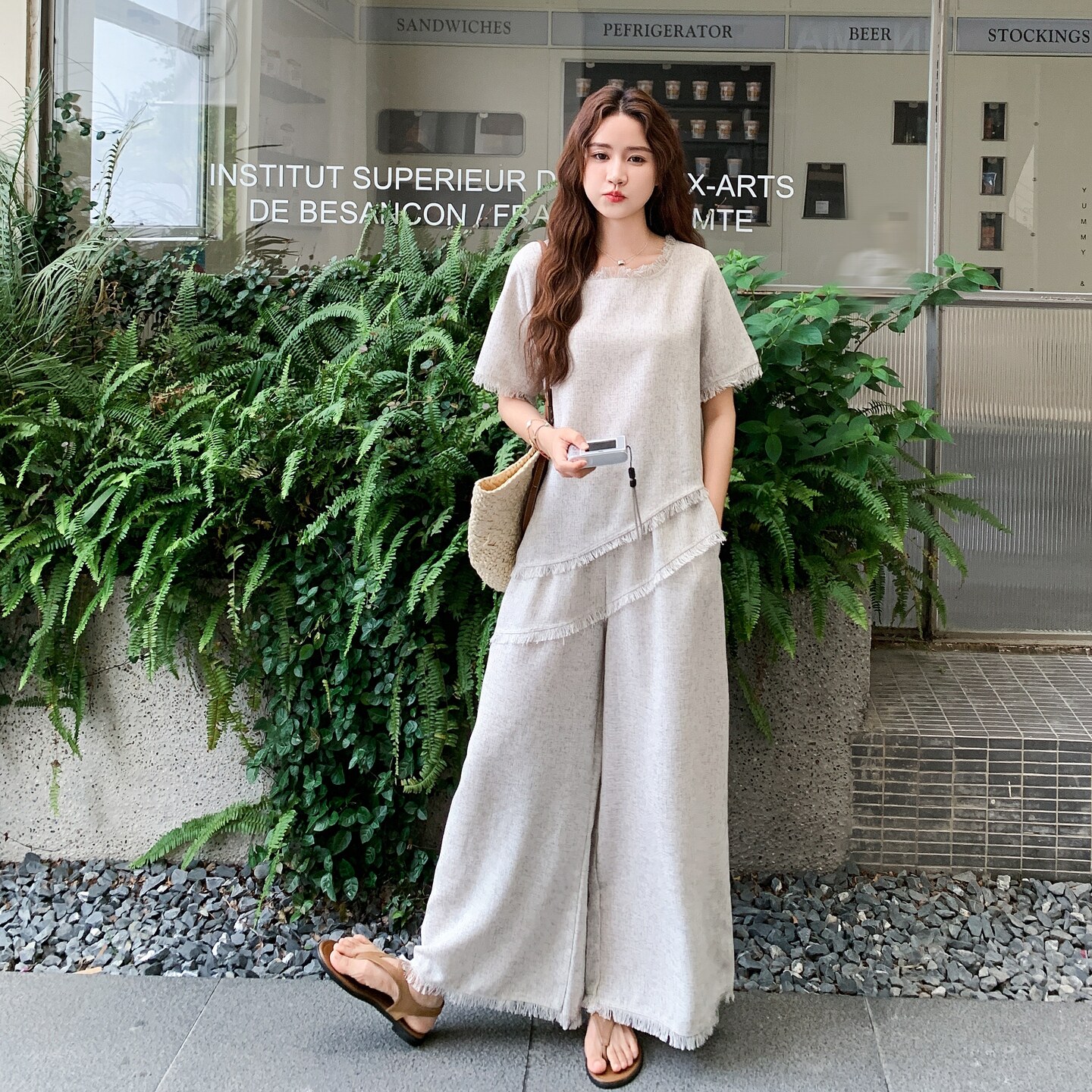 时尚套装高腰休闲复古夏装垂感时尚短袖外穿显瘦宽松气质白色夏季,女装套装/套裙,柒柒家