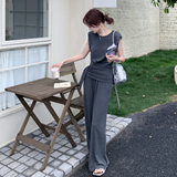 灰色捏褶圆领上衣一整套ootd穿搭女2025新款夏装直筒阔腿裤两件套，女装套装/套裙，柒柒家