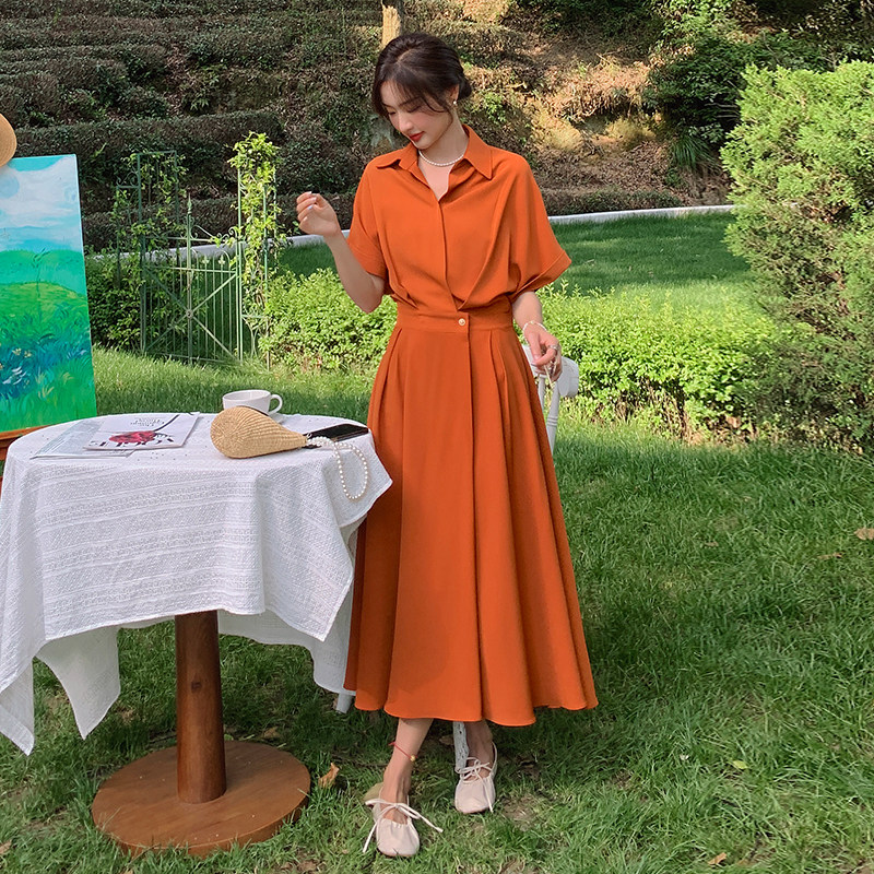 法式橙色衬衫连衣裙女夏2025新款御姐风高级感气质赫本风收腰长裙,女装连衣裙,柒柒家