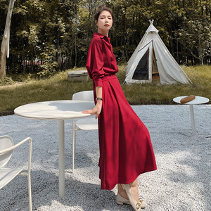 法式红色长袖衬衫连衣裙女春秋2025新款收腰显瘦气质高级感长裙子