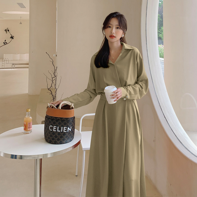 法式红色长袖衬衫连衣裙女春秋2025新款收腰显瘦气质高级感长裙子,女装连衣裙,柒柒家