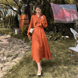 法式红色长袖衬衫连衣裙女春秋2025新款收腰显瘦气质高级感长裙子，女装连衣裙，柒柒家