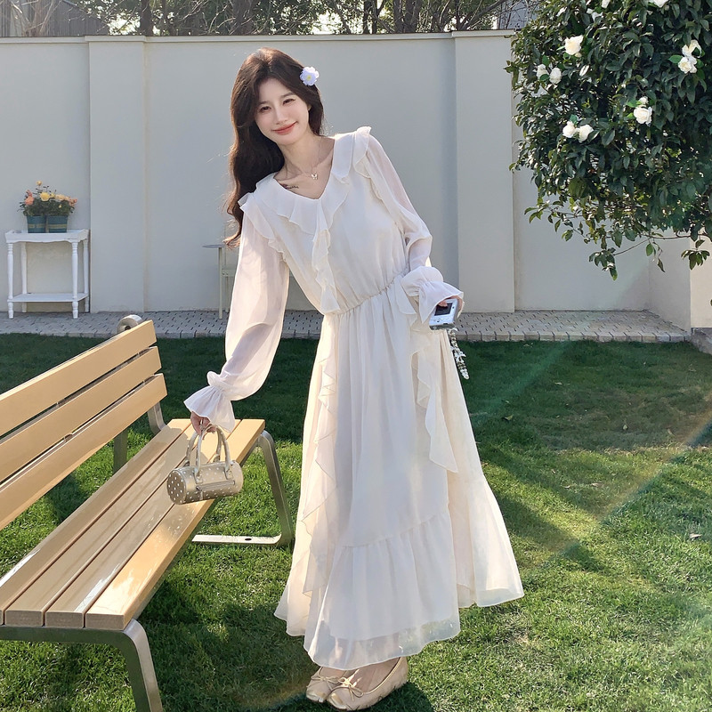 新款图大货已出荷叶边白色连衣裙长裙275-Q809-P155-K248，女装连衣裙，柒柒家