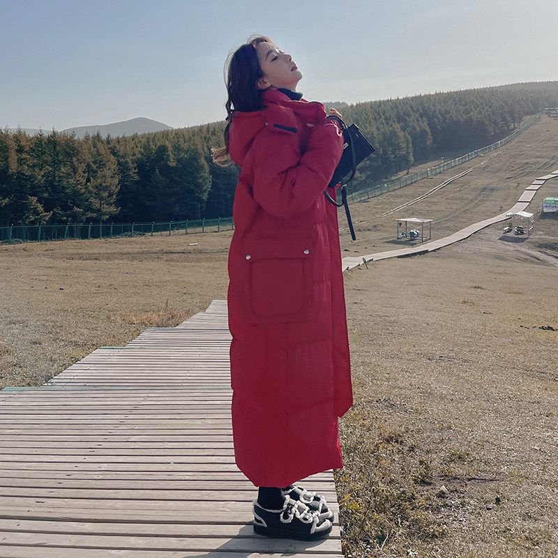 红色高级感超长款到脚踝羽绒棉服女冬季新款韩版宽松加厚棉袄外套图片
