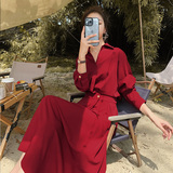 法式红色长袖衬衫连衣裙女春秋2025新款收腰显瘦气质高级感长裙子，女装连衣裙，柒柒家
