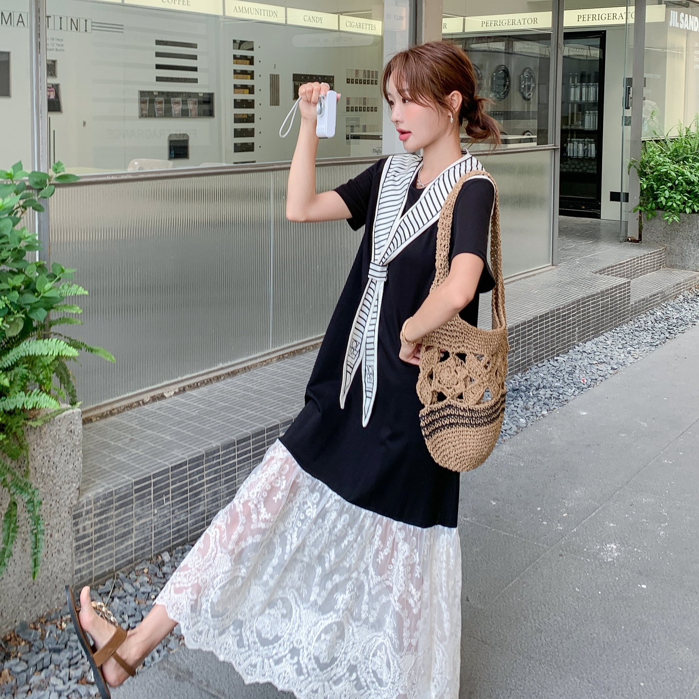 蕾丝拼接黑色连衣裙女夏季2025新款宽松休闲撞色条纹披肩T恤裙子，商品下架区商品下架区，柒柒家