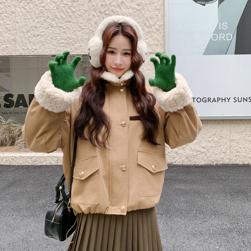 新款大货羊羔毛拼接工装90白鸭绒羽绒服275-M744-P335-K458,女装羽绒服,柒柒家