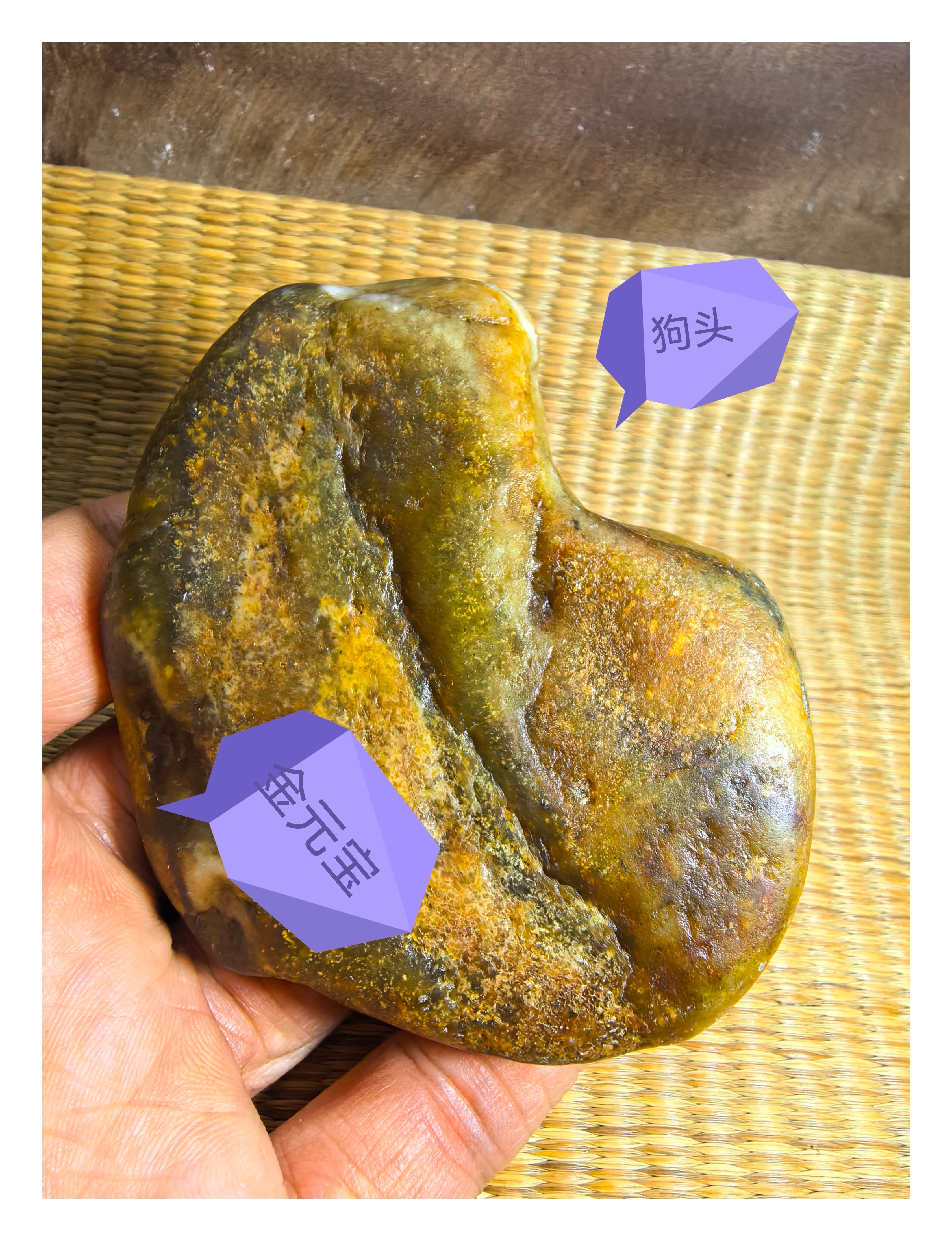 天然随形新疆和田玉鸡油黄籽料原石金元宝，来自新疆玛丽艳老河道