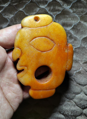 黄油皮新疆和田玉羊脂玉把件  古玩城遗留籽料把玩件三星堆面具