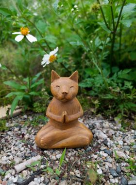 冥想猫摆件狐狸动物瑜伽花园庭院盆景观杂货禅意木雕效果露台装饰