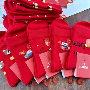 鹿人儿童红袜子秋冬加厚款男女童本命年过年无骨缝合中筒袜1525