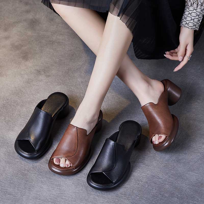 【特价】头层牛皮鱼嘴室外拖鞋复古高跟外穿拖鞋夏季粗跟女凉拖鞋