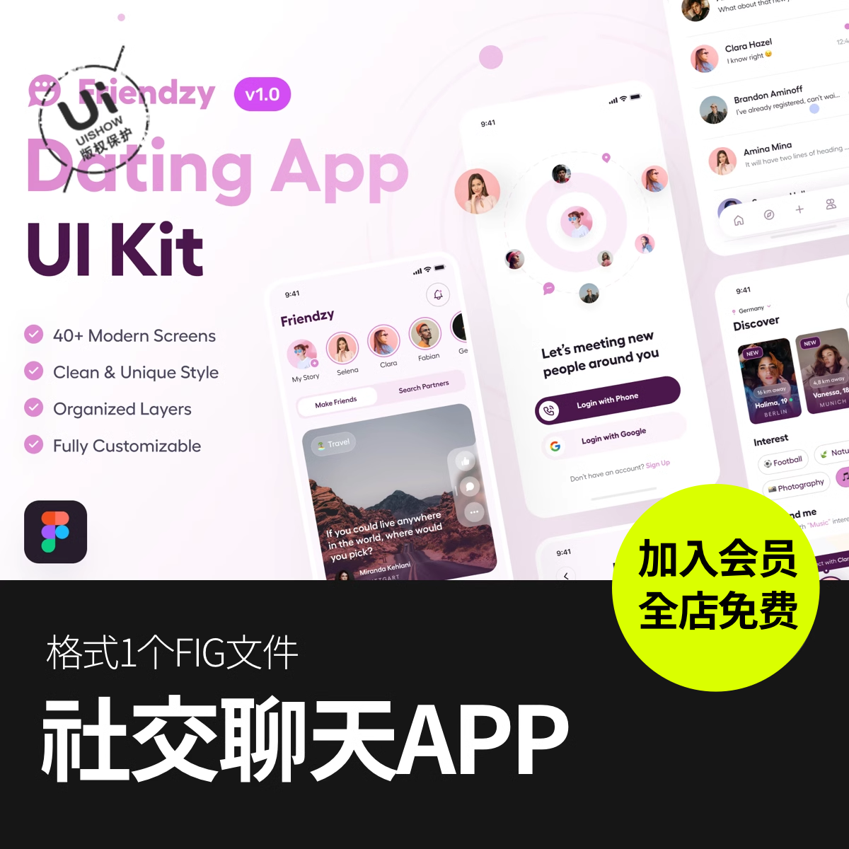 时尚社交约会交友婚恋简约作品聊天APP界面设计Figma模板ui素材