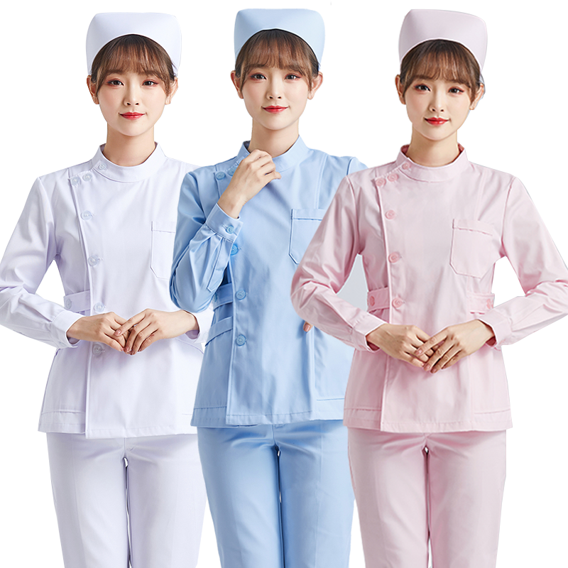 偏襟立领护士服女长袖冬季厚款短款分体套装粉色口腔短袖工作服