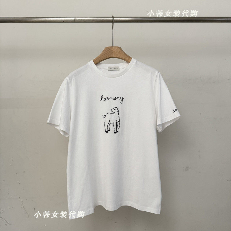欧洲站韩国进口女装代购2025春百搭小绵羊图案短袖棉质T恤Bu0093