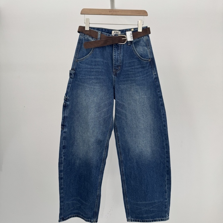韩国F.O.L LOUNGE女装代购2025冬季宽松配腰带工装弯刀加绒牛仔裤