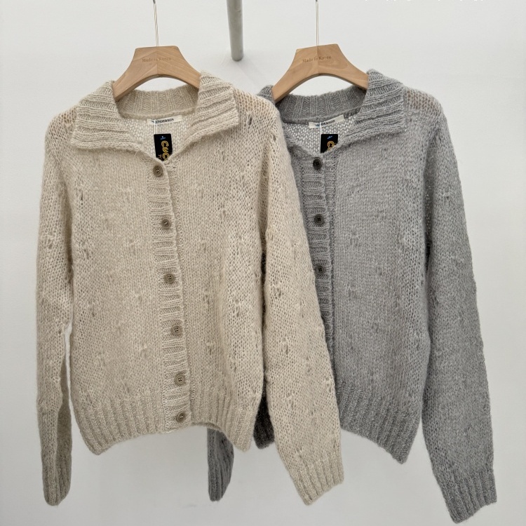 韩国UNDERSON女装进口代购2025秋季新款时尚翻领净色针织开衫毛衣