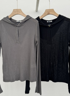 韩国进口女装Remaking代购2025秋季新款半扣净色连帽长袖上衣T恤