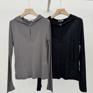 韩国进口女装Remaking代购2025秋季新款半扣净色连帽长袖上衣T恤