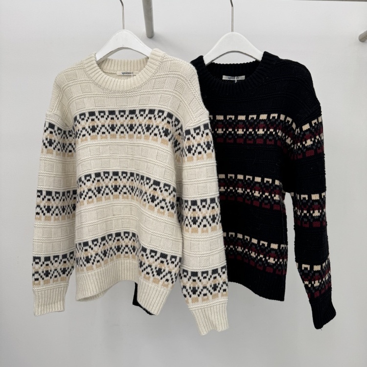 韩国UNDERSON女装进口代购2025秋款复古圆领宽松羊毛针织衫毛衣