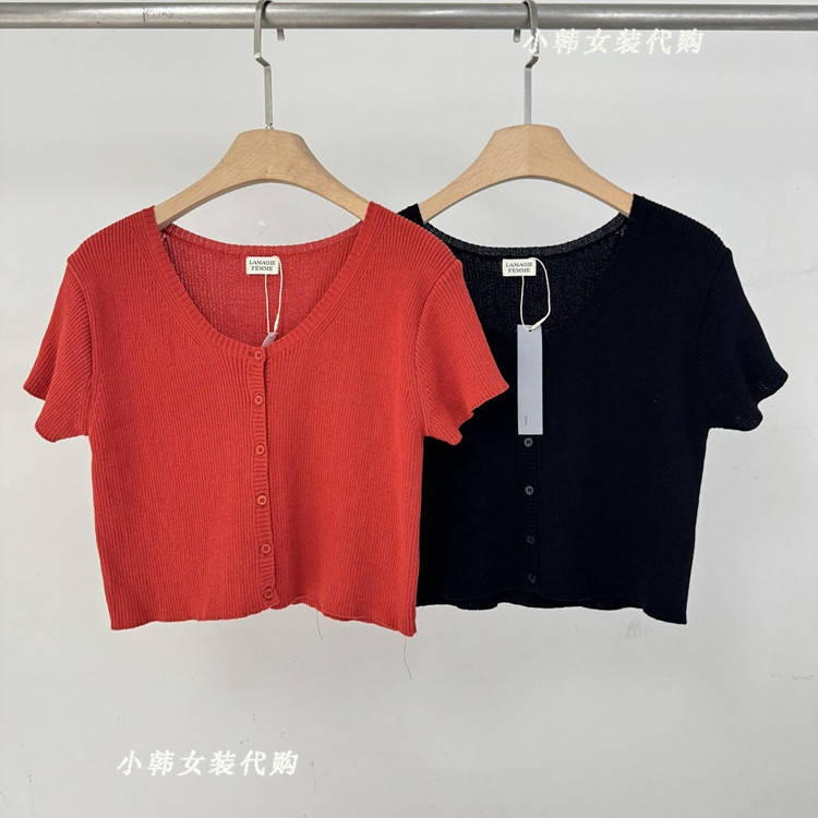 韩国LAMGIE FEMME女装进口代购2025夏季修身短款净色针织衫上衣