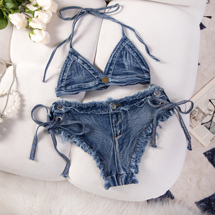 绑带暴露性感三点式 牛仔比基尼bikini绑沙滩泳衣度假夜场酒吧夏女