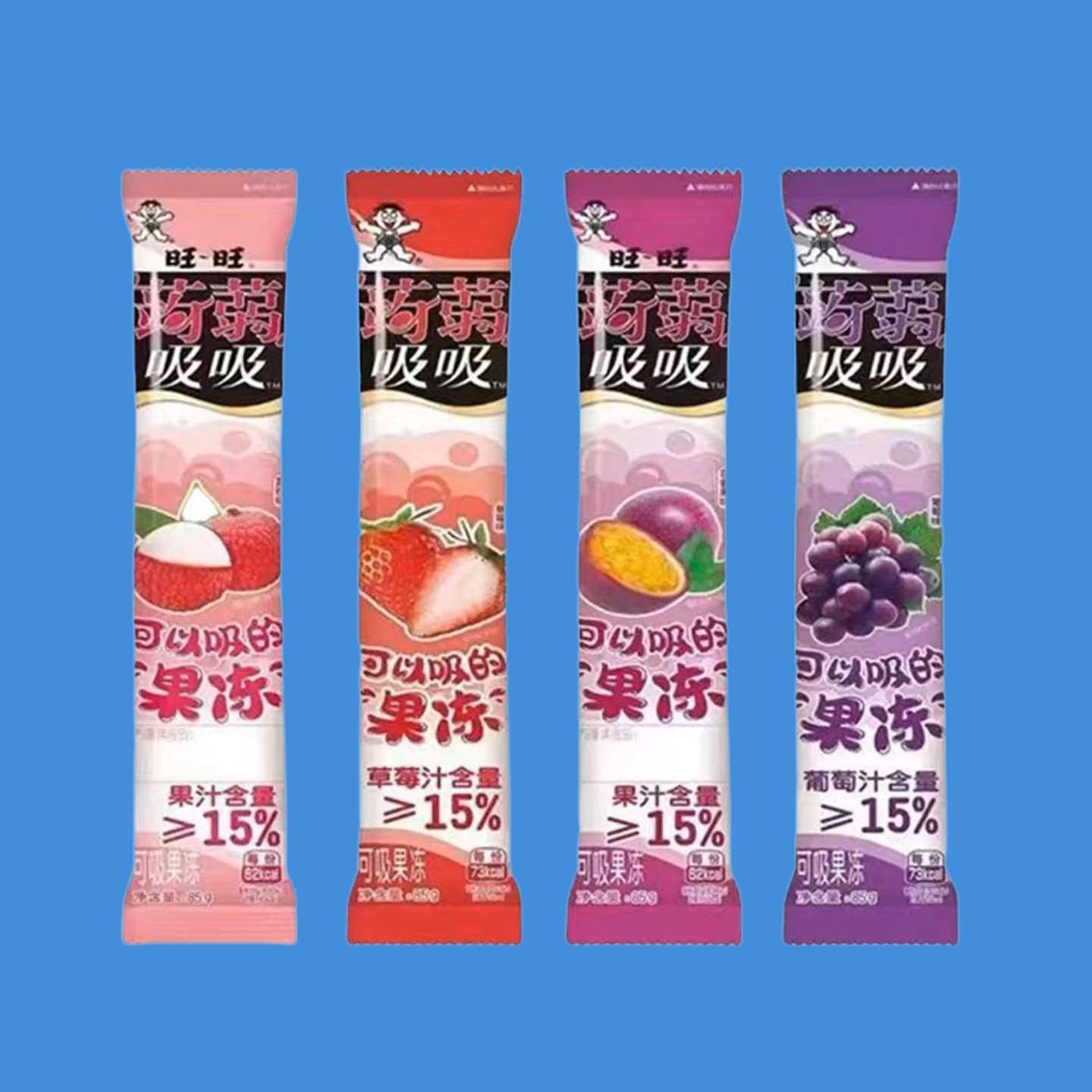 旺旺蒟蒻吸吸果冻葡萄草莓百香果荔枝棒冰85g儿童可吸休闲小零食,零食/坚果/特产,棒棒糖,淘宝优惠券,粉丝福利购,淘宝优惠卷
