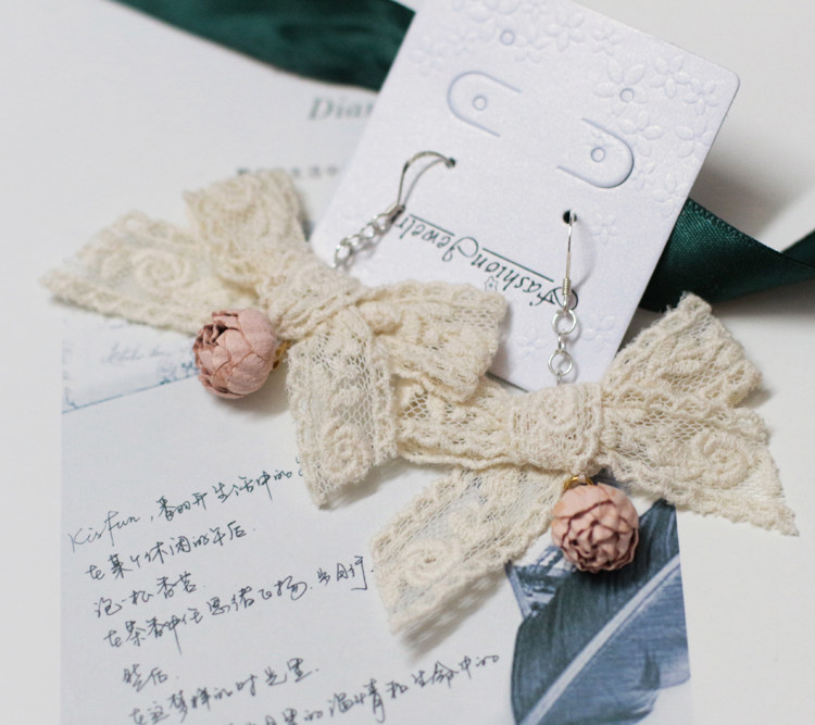 原创手做森女日系纯棉蕾丝花边耳环925银耳勾 仙女耳饰玫瑰花耳坠