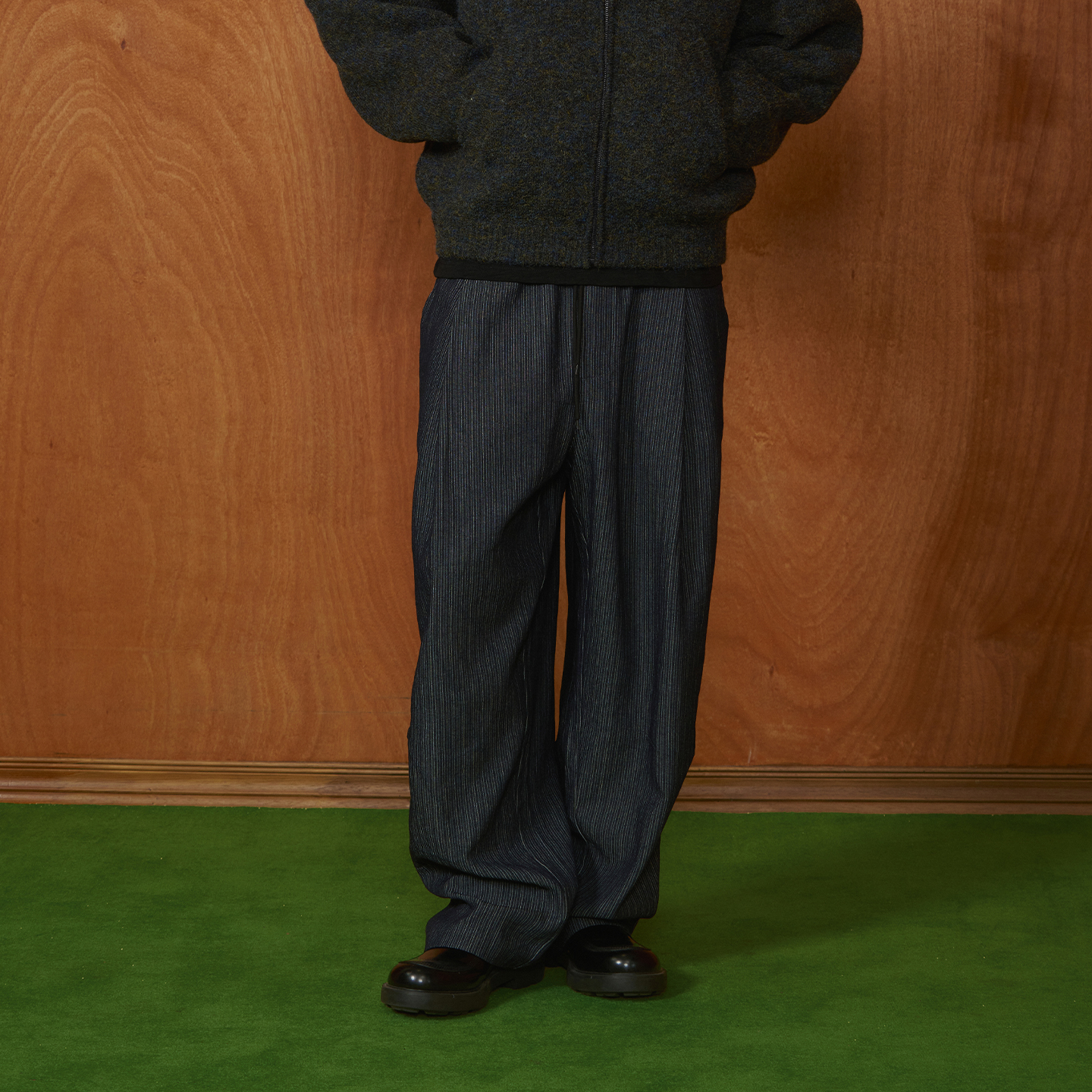 PMW 宽松条纹牛仔长裤抽绳松紧带设计质感通勤百搭多口袋阔腿裤秋