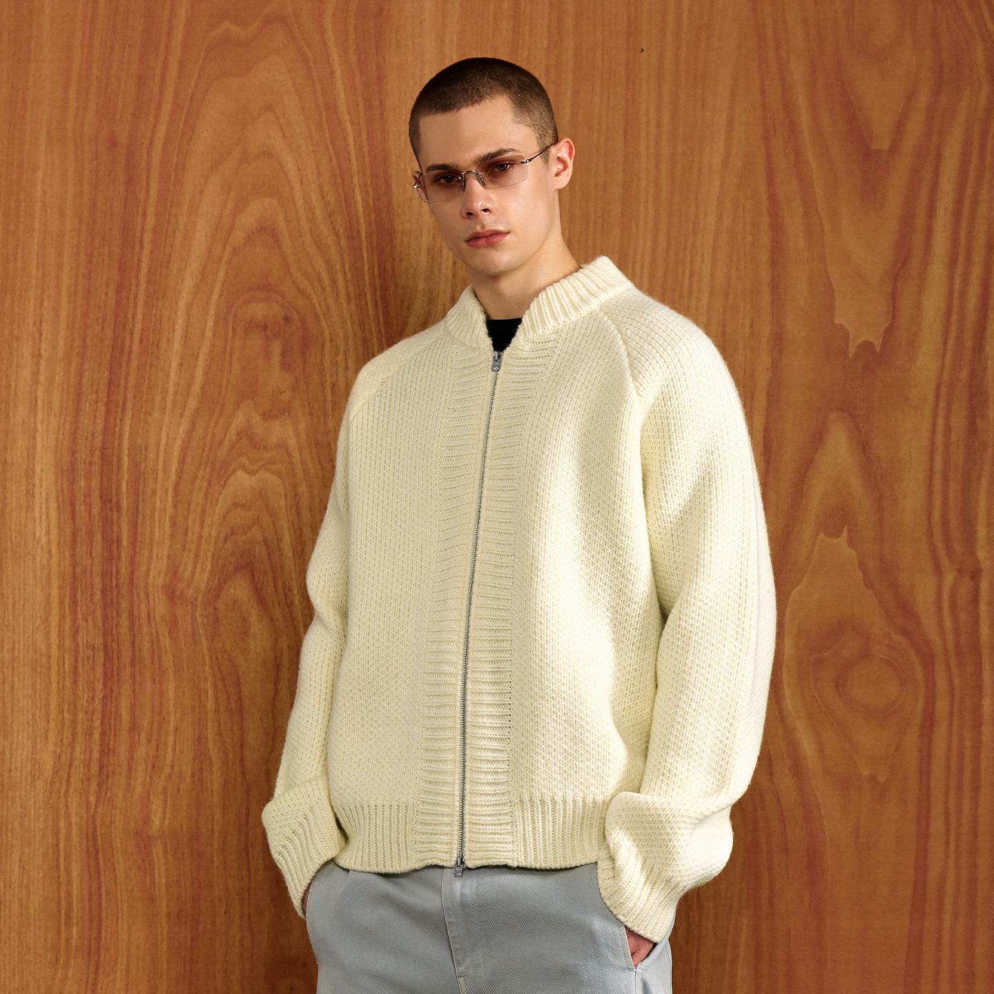 PMW 羊毛混纺logo提花立领拉链针织开衫宽松保暖亲肤休闲毛衣外套