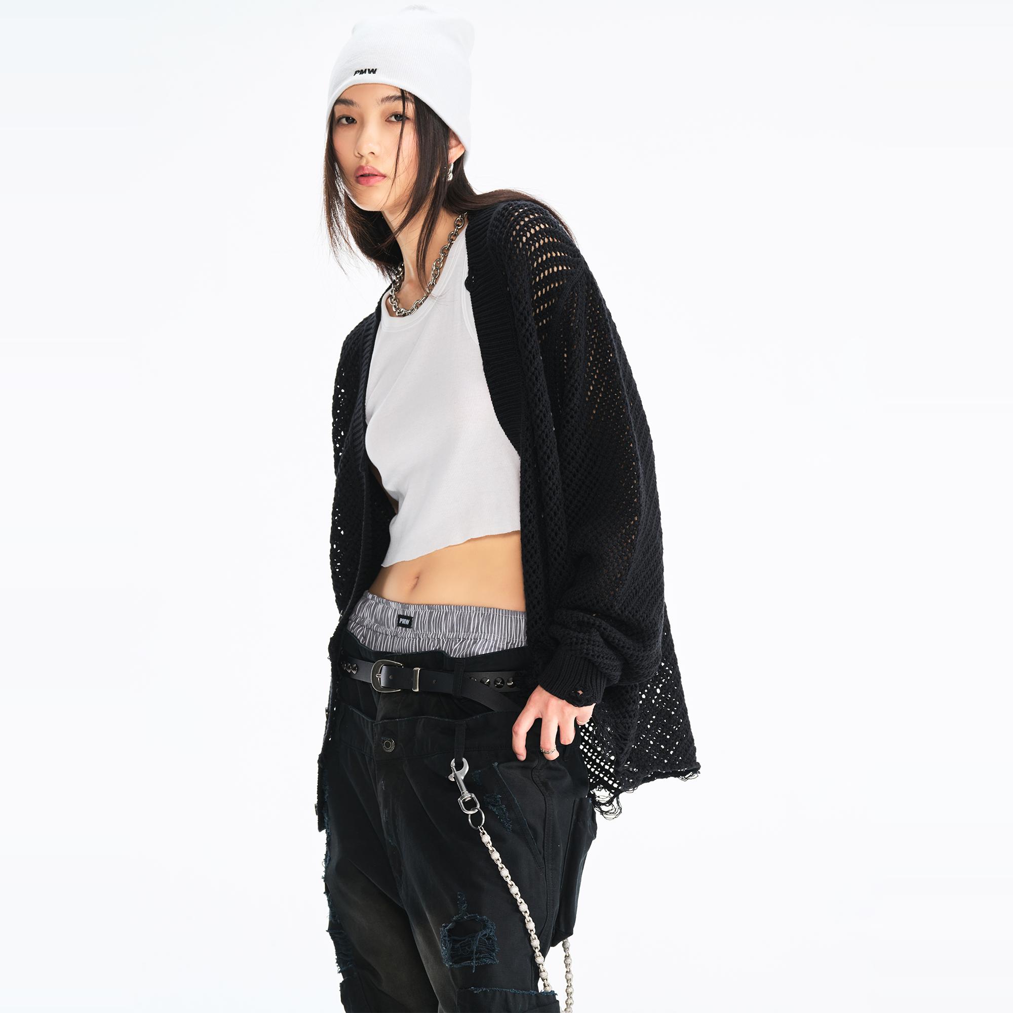 PMW 明星同款V领镂空毛衣外套不规则下摆针织开衫