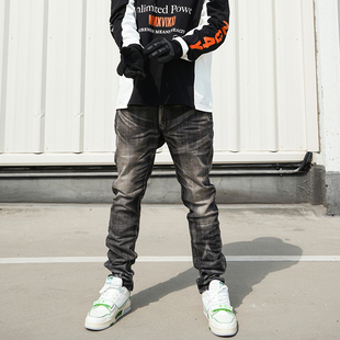 水洗做旧美式 显瘦长裤 休闲直筒弹力牛仔裤 高街机车修身 男士 PMW