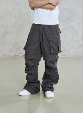 PMW 复古拼接灰色尼龙可拆卸喇叭裤工装裤休闲阔腿百搭夏季