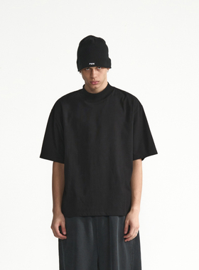 PMW美式夏季全棉半高领T恤男设计感短袖纯色打底衫简约五分袖上衣