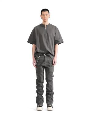 PMW 12.8OZ棉弹小直筒解构分割灰色牛仔裤立体口袋水洗做旧四季裤