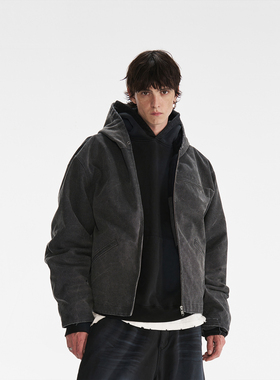 PMW 水洗做旧短款夹克外绒里布多口袋设计宽松休闲连帽棉衣男