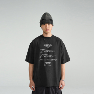 OVERSIZE 复古水洗做旧破洞破坏蜡染T恤LOGO短袖 PMW 何与同款