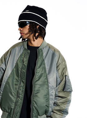 PMW  军绿色拼接解构拼色棉衣夹克飞行员MA1外套保暖棉服男