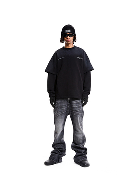 PMW 明星同款复古水洗做旧牛仔裤灰色百搭修身直筒阔腿四季微喇裤