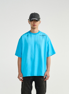 PMW 复古水洗做旧成衣染色洗褪蓝色短袖T恤宽松百搭休闲设计