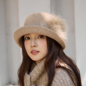 新款 复古卷边鸵鸟毛球渔夫帽女士盆帽子渔夫 羊驼毛礼帽女秋冬法式
