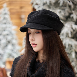 秋冬新款张婧仪同款羊毛呢八角帽贝雷帽子女秋冬百搭大头围报童帽