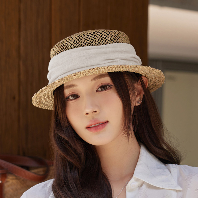 日系法式复古咸海草镂空编织小帽檐平顶礼帽女夏季巴拿马短檐草帽