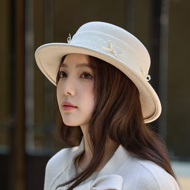 秋冬名媛平沿礼帽优雅复古蕾丝蝴蝶结女羊毛呢礼帽平沿时装帽子